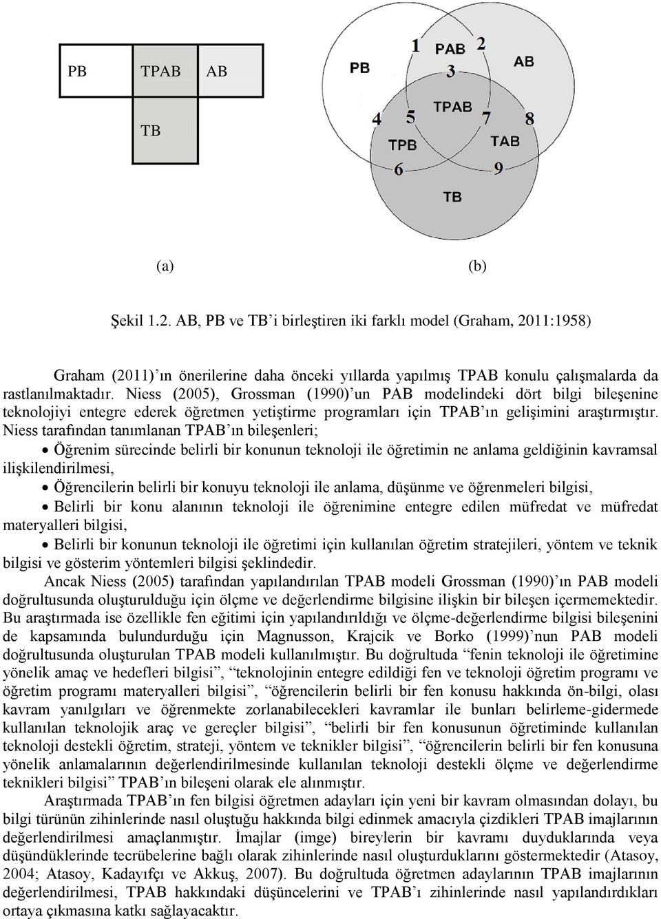 Niess (2005), Grossman (1990) un PAB modelindeki dört bilgi bileşenine teknolojiyi entegre ederek öğretmen yetiştirme programları için TPAB ın gelişimini araştırmıştır.