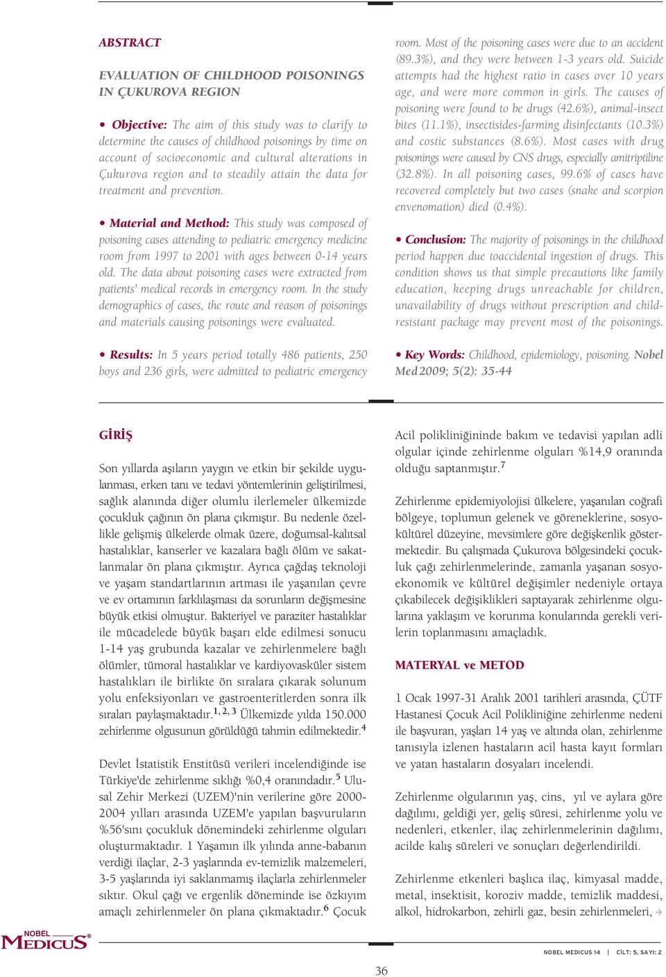 Material and Method: This study was composed of poisoning cases attending to pediatric emergency medicine room from 1997 to 2001 with ages between 0-14 years old.