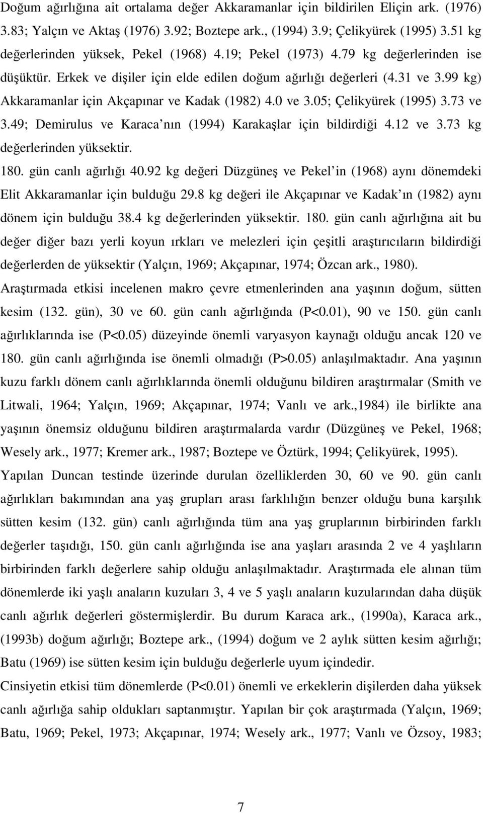 99 kg) Akkaramanlar için Akçapınar ve Kadak (1982) 4.0 ve 3.05; Çelikyürek (1995) 3.73 ve 3.49; Demirulus ve Karaca nın (1994) Karakaşlar için bildirdiği 4.12 ve 3.73 kg değerlerinden yüksektir. 180.