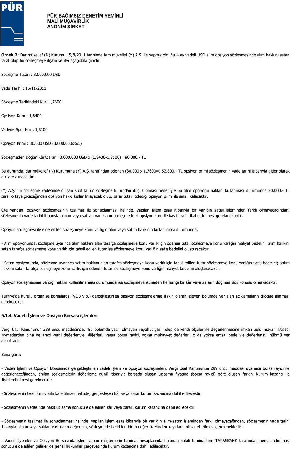 000 USD Vade Tarihi : 15/11/2011 Sözleşme Tarihindeki Kur: 1,7600 Opsiyon Kuru : 1,8400 Vadede Spot Kur : 1,8100 Opsiyon Primi : 30.000 USD (3.000.000x%1) Sözleşmeden Doğan Kâr/Zarar =3.000.000 USD x (1,8400-1,8100) =90.
