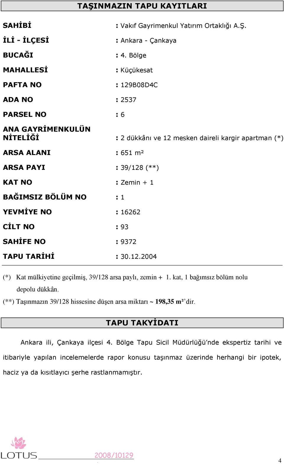 BAĞIMSIZ BÖLÜM NO : YEVMĠYE NO : 6262 CĠLT NO : 93 SAHĠFE NO : 9372 TAPU TARĠHĠ : 30.2.2004 (*) Kat mülkiyetine geçilmiş, 39/28 arsa paylı, zemin +. kat, bağımsız bölüm nolu depolu dükkân.