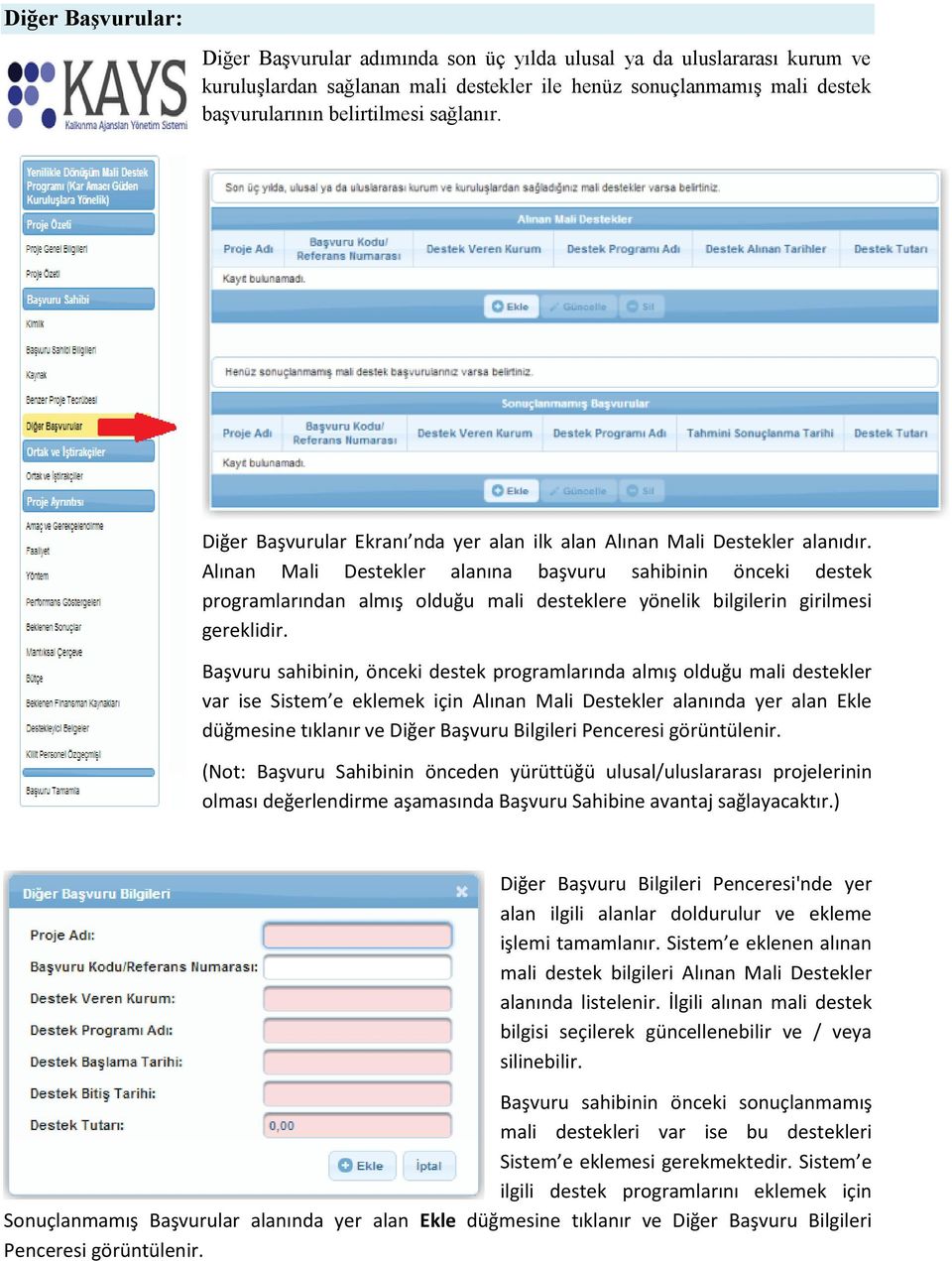 Alınan Mali Destekler alanına başvuru sahibinin önceki destek programlarından almış olduğu mali desteklere yönelik bilgilerin girilmesi gereklidir.