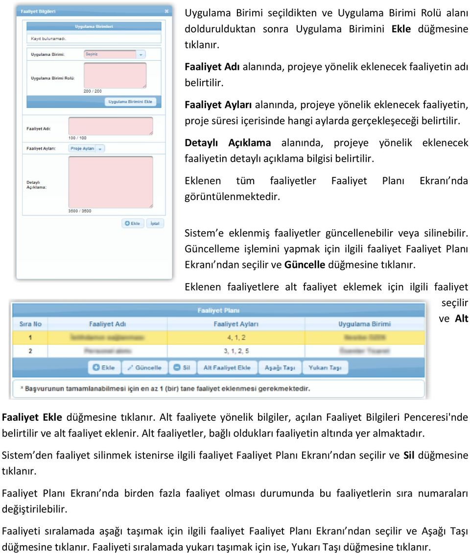 Detaylı Açıklama alanında, projeye yönelik eklenecek faaliyetin detaylı açıklama bilgisi belirtilir. Eklenen tüm faaliyetler Faaliyet Planı Ekranı nda görüntülenmektedir.