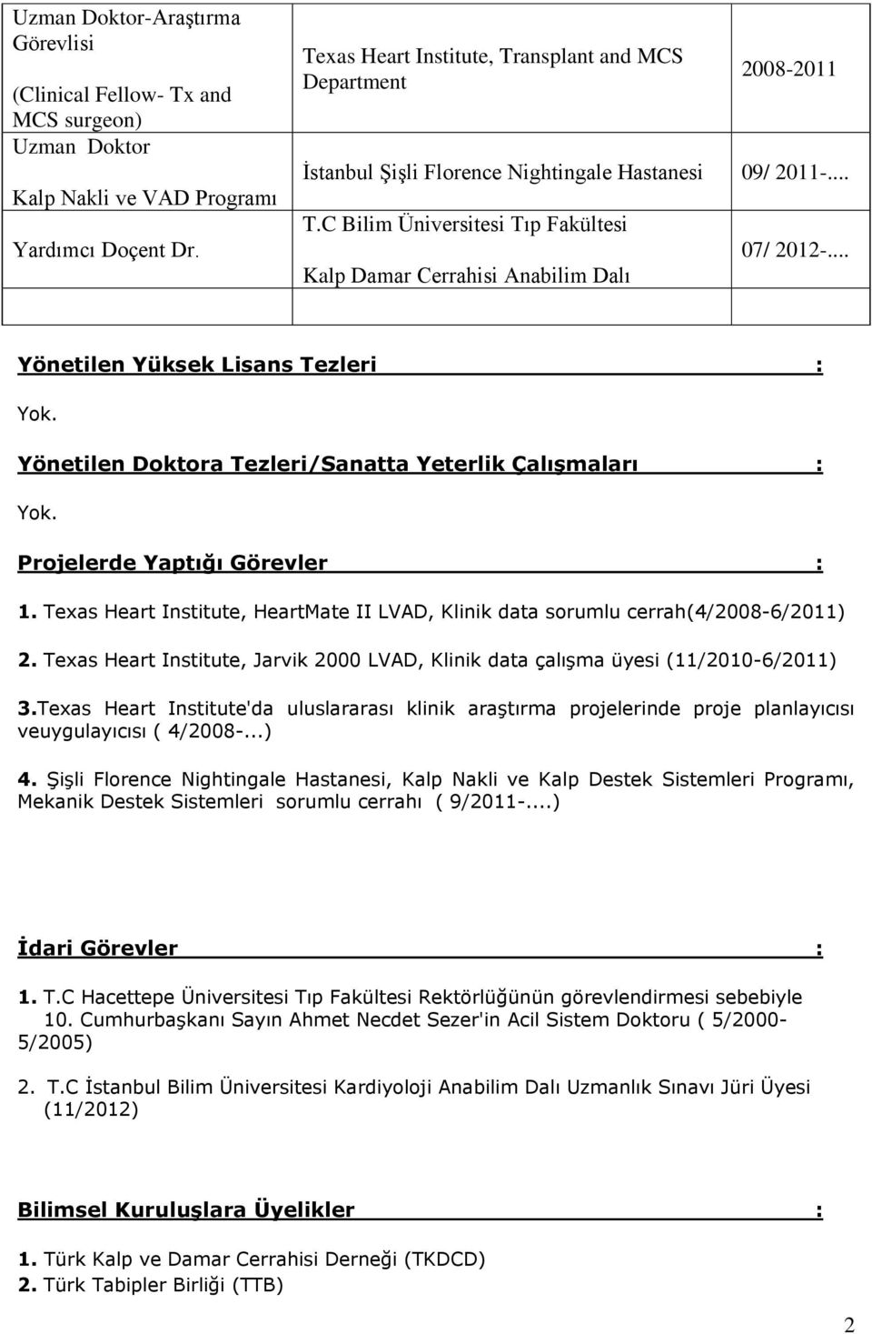 .. Yönetilen Yüksek Lisans Tezleri : Yok. Yönetilen Doktora Tezleri/Sanatta Yeterlik Çalışmaları : Yok. Projelerde Yaptığı Görevler : 1.