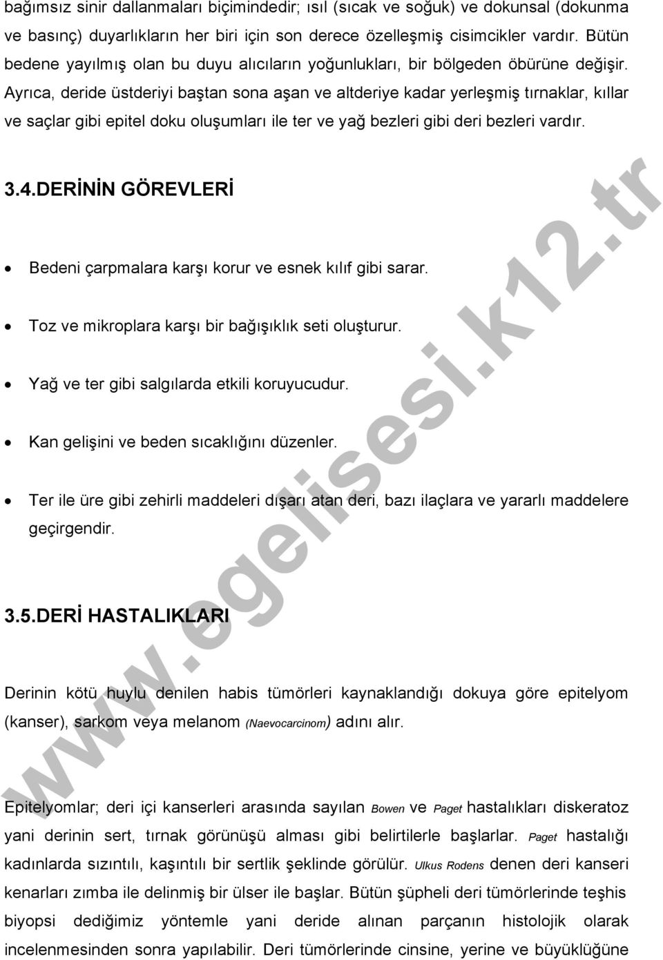 Ayrıca, deride üstderiyi baştan sona aşan ve altderiye kadar yerleşmiş tırnaklar, kıllar ve saçlar gibi epitel doku oluşumları ile ter ve yağ bezleri gibi deri bezleri vardır. 3.4.