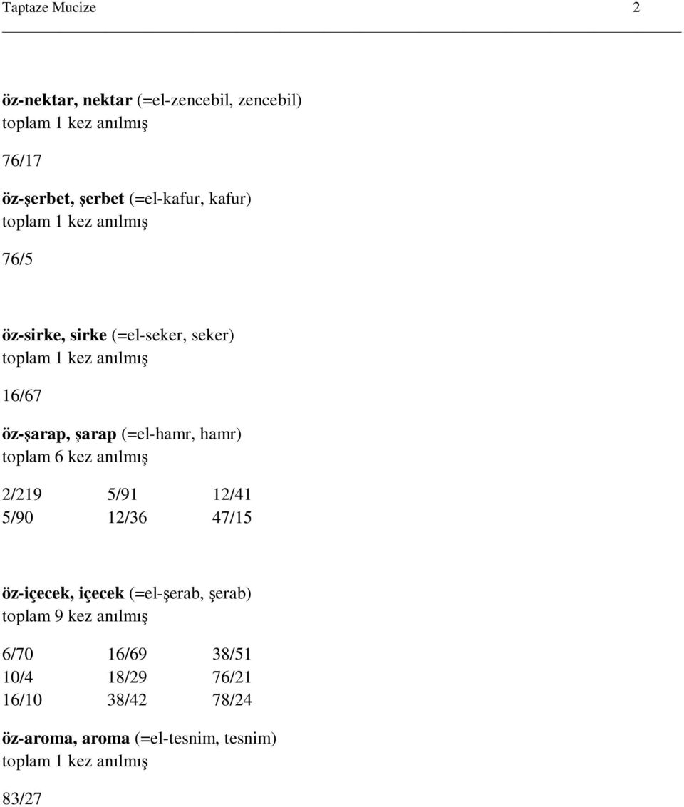 (=el-hamr, hamr) toplam 6 kez anılmış 2/219 5/91 12/41 5/90 12/36 47/15 öz-içecek, içecek (=el-şerab, şerab) toplam 9