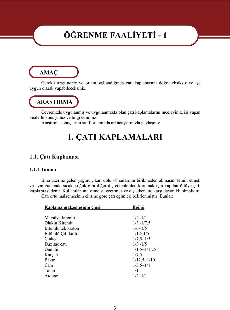 1. ÇATI KAPLAMALARI 1.1. Çatı Kaplaması 1.1.1.Tanımı Bina üzerine gelen yağmur, kar, dolu vb sularının birikmeden akmasını temin etmek ve aynı zamanda sıcak, soğuk gibi diğer dış etkenlerden korumak için yapılan örtüye çatı kaplaması denir.