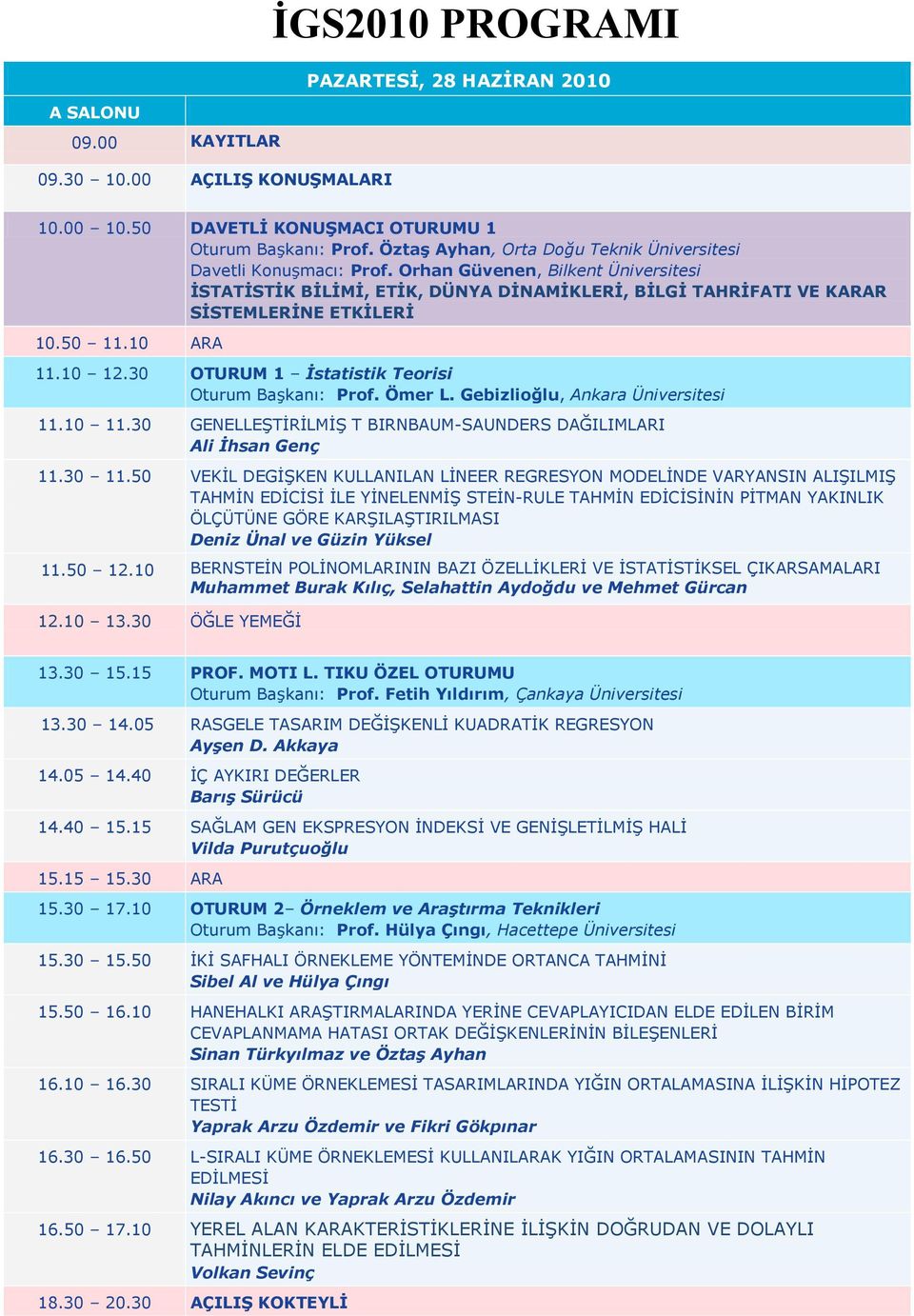 50 11.10 ARA 11.10 12.30 OTURUM 1 İstatistik Teorisi Oturum Başkanı: Prof. Ömer L. Gebizlioğlu, Ankara Üniversitesi 11.10 11.30 GENELLEŞTİRİLMİŞ T BIRNBAUM-SAUNDERS DAĞILIMLARI Ali İhsan Genç 11.