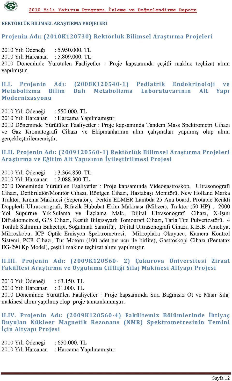 .I. Projenin Adı: (2008K120540-1) Pediatrik Endokrinoloji ve Metabolizma Bilim Dalı Metabolizma Laboratuvarının Alt Yapı Modernizasyonu 2010 Yılı Ödeneği : 550.000.