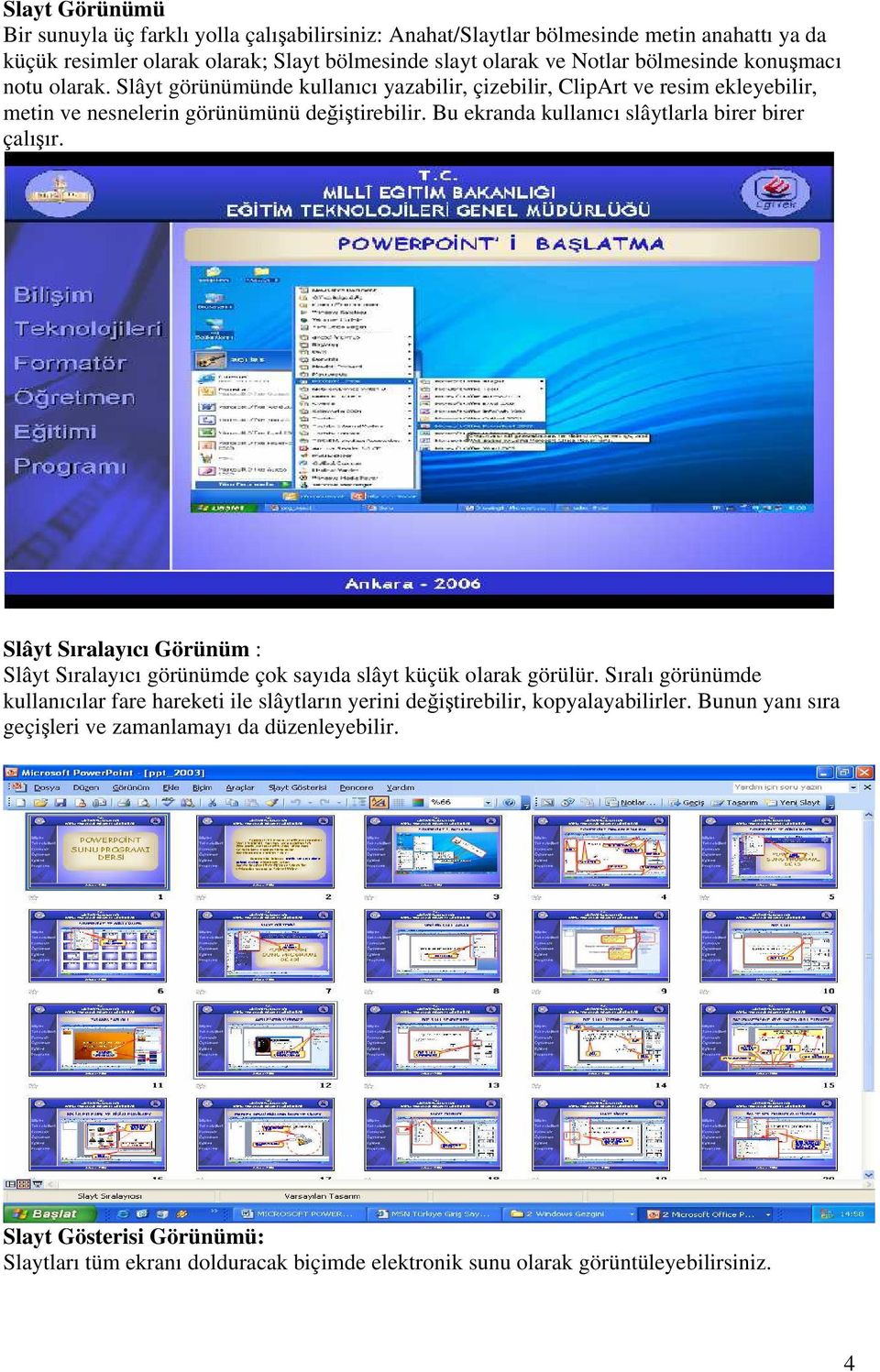Bu ekranda kullanıcı slâytlarla birer birer çalışır. Slâyt Sıralayıcı Görünüm : Slâyt Sıralayıcı görünümde çok sayıda slâyt küçük olarak görülür.