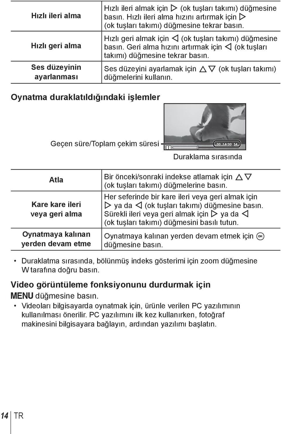 Geri alma hızını artırmak için H (ok tuşları takımı) düğmesine tekrar basın. Ses düzeyini ayarlamak için FG (ok tuşları takımı) düğmelerini kullanın.