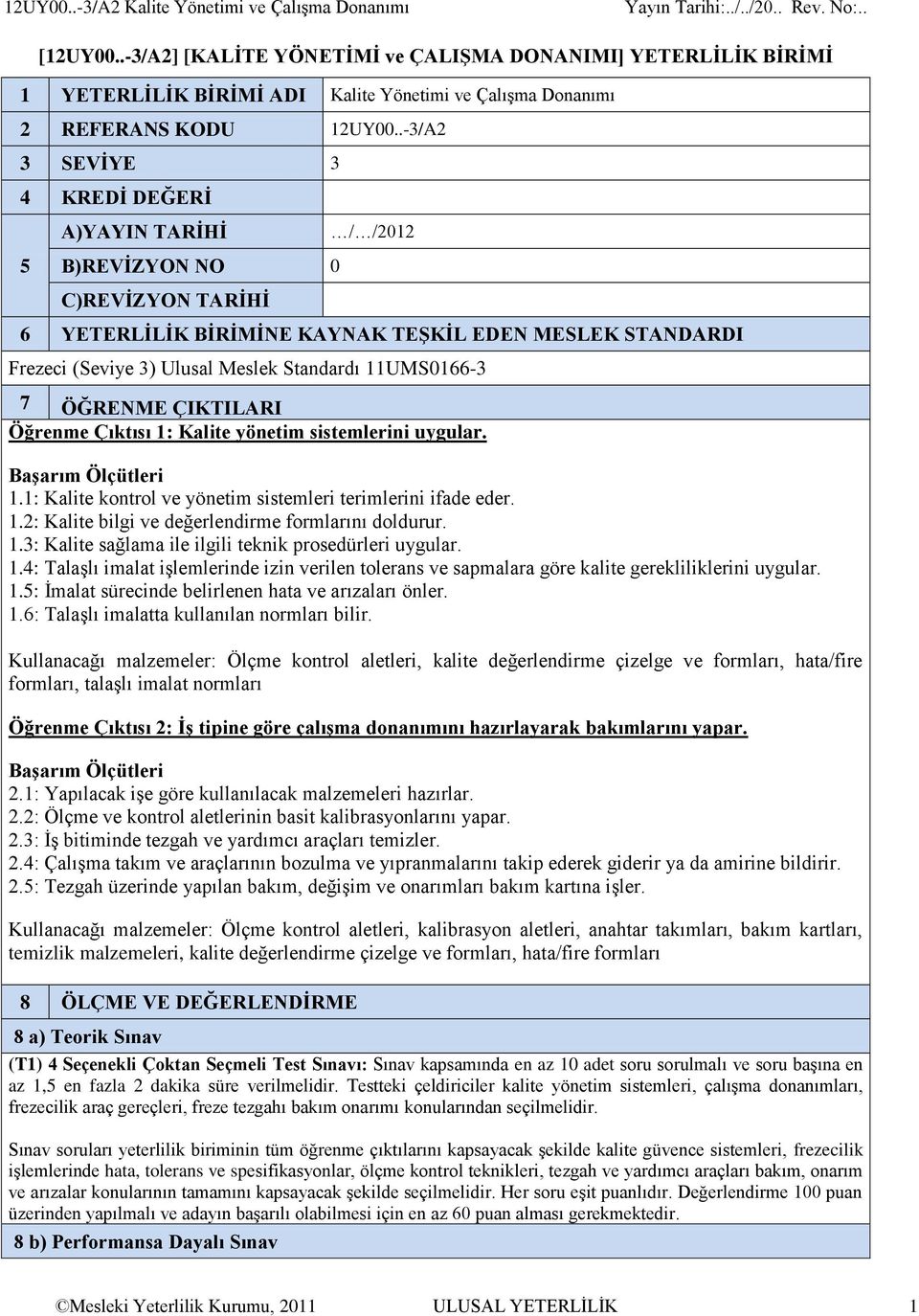 .-3/A2 3 SEVİYE 3 4 KREDİ DEĞERİ A)YAYIN TARİHİ / /2012 5 B)REVİZYON NO 0 C)REVİZYON TARİHİ 6 YETERLİLİK BİRİMİNE KAYNAK TEŞKİL EDEN MESLEK STANDARDI Frezeci (Seviye 3) Ulusal Meslek Standardı