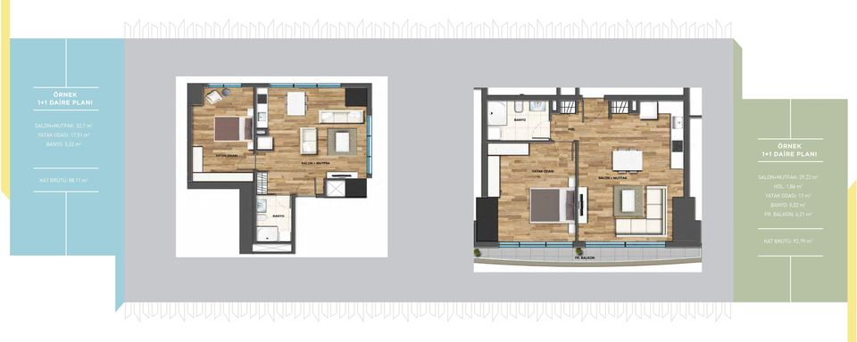 22 m² Hol: 1.86 m² Yatak Odası: 17 m² Banyo: 5.02 m² Fr. Balkon: 6.