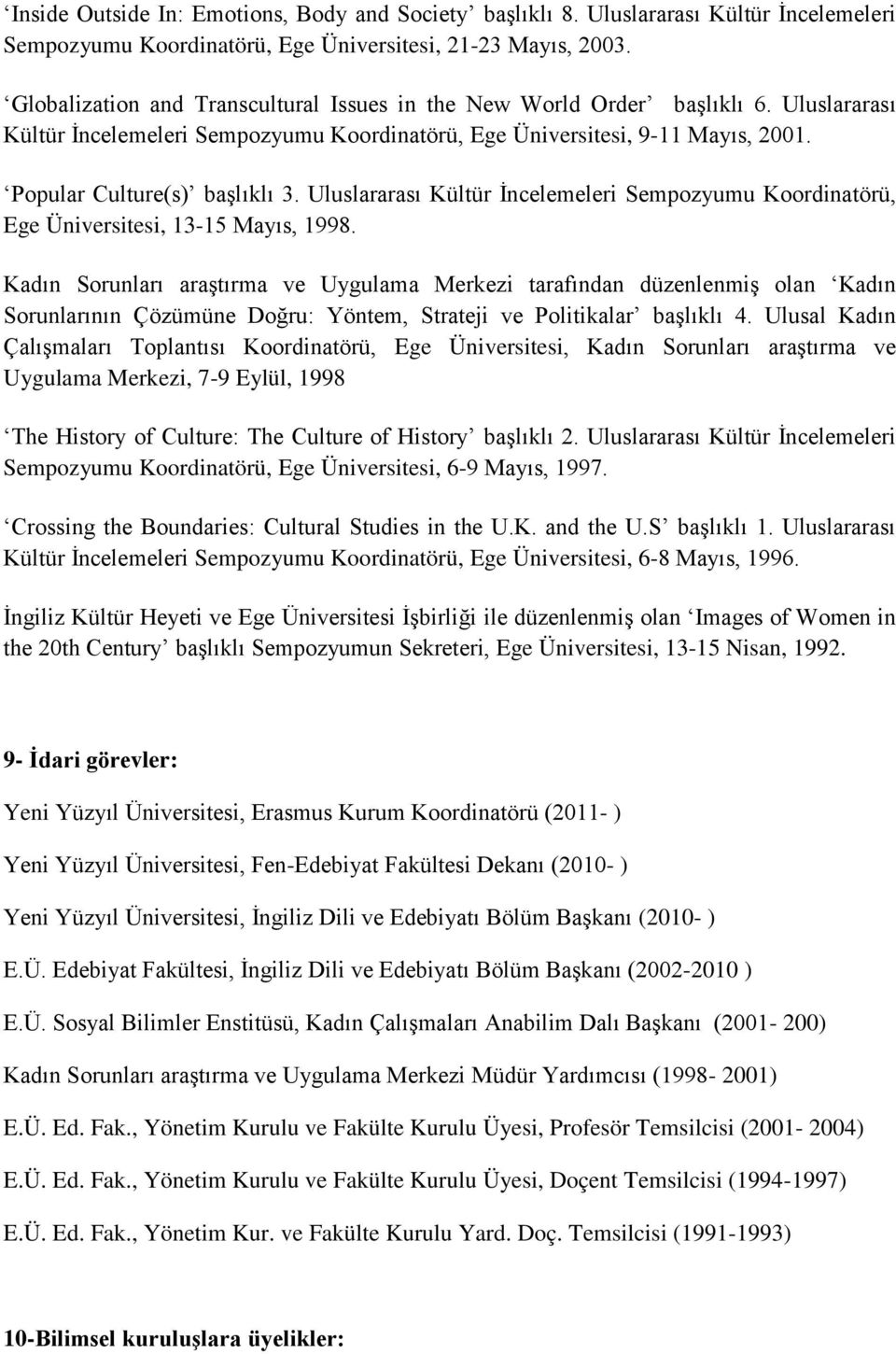 Uluslararası Kültür İncelemeleri Sempozyumu Koordinatörü, Ege Üniversitesi, 13-15 Mayıs, 1998.