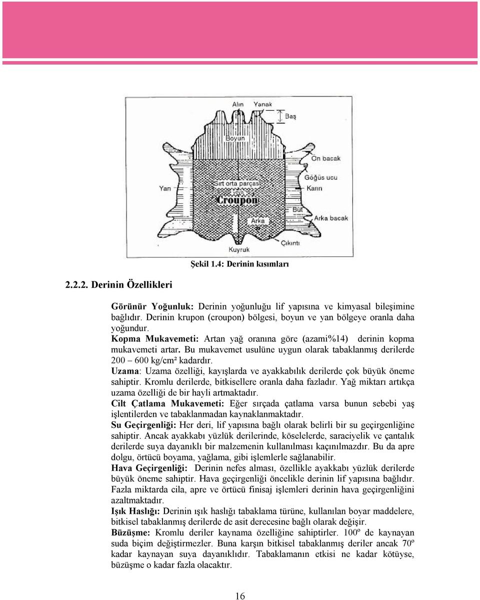 Bu mukavemet usulüne uygun olarak tabaklanmış derilerde 200 600 kg/cm² kadardır. Uzama: Uzama özelliği, kayışlarda ve ayakkabılık derilerde çok büyük öneme sahiptir.