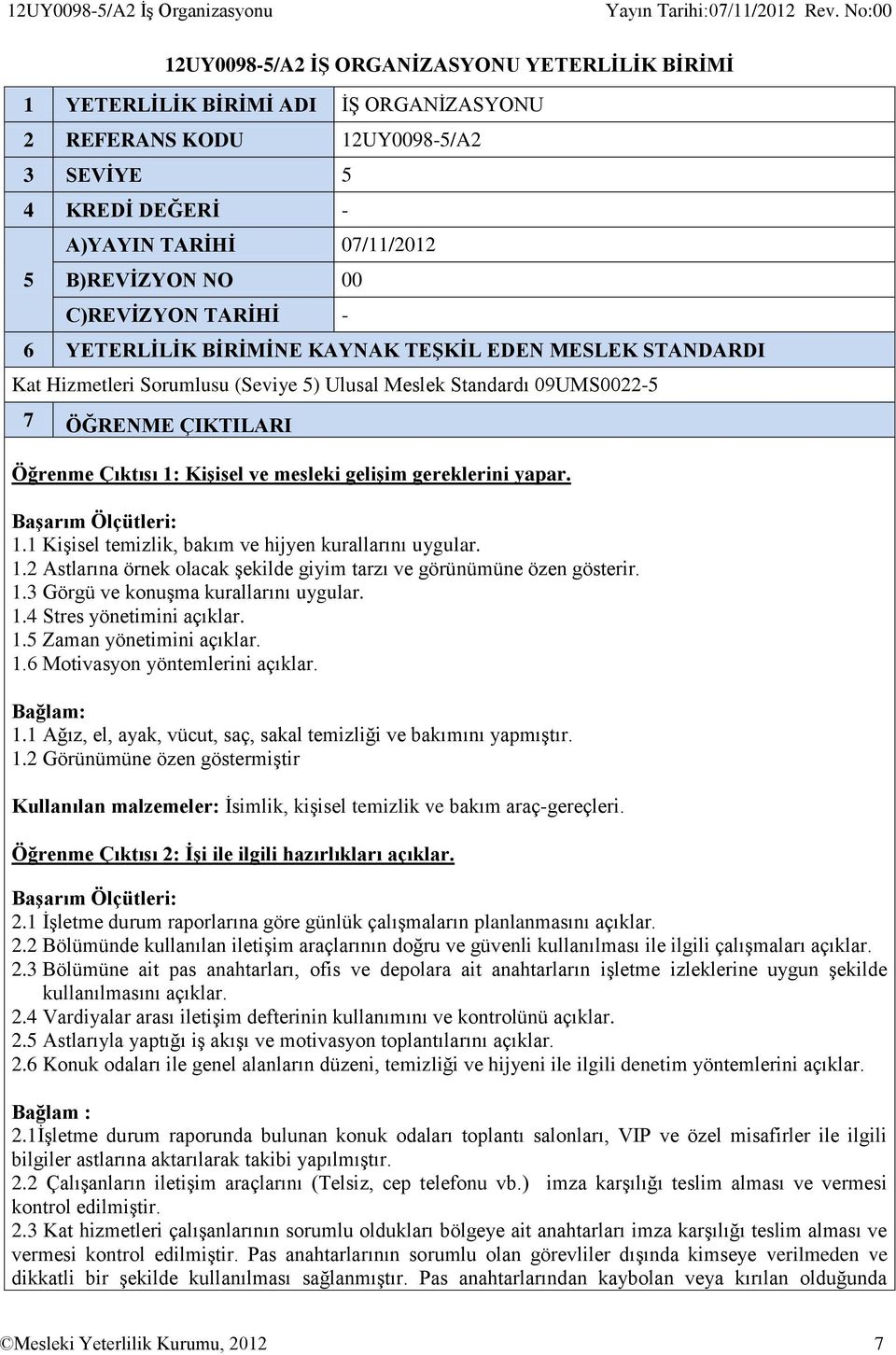 Öğrenme Çıktısı 1: Kişisel ve mesleki gelişim gereklerini yapar. 1.1 Kişisel temizlik, bakım ve hijyen kurallarını uygular. 1.2 Astlarına örnek olacak şekilde giyim tarzı ve görünümüne özen gösterir.