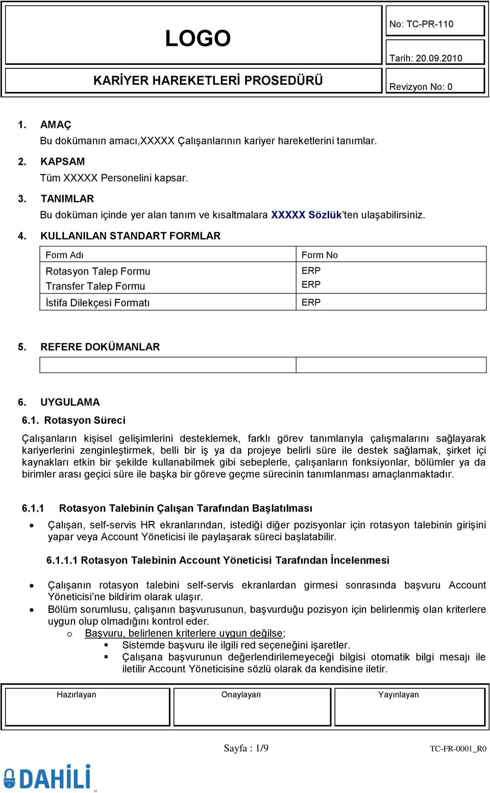 KULLANILAN STANDART FORMLAR Frm Adı Rtasyn Talep Frmu Transfer Talep Frmu İstifa Dilekçesi Frmatı Frm N ERP ERP ERP 5. REFERE DOKÜMANLAR 6. UYGULAMA 6.1.