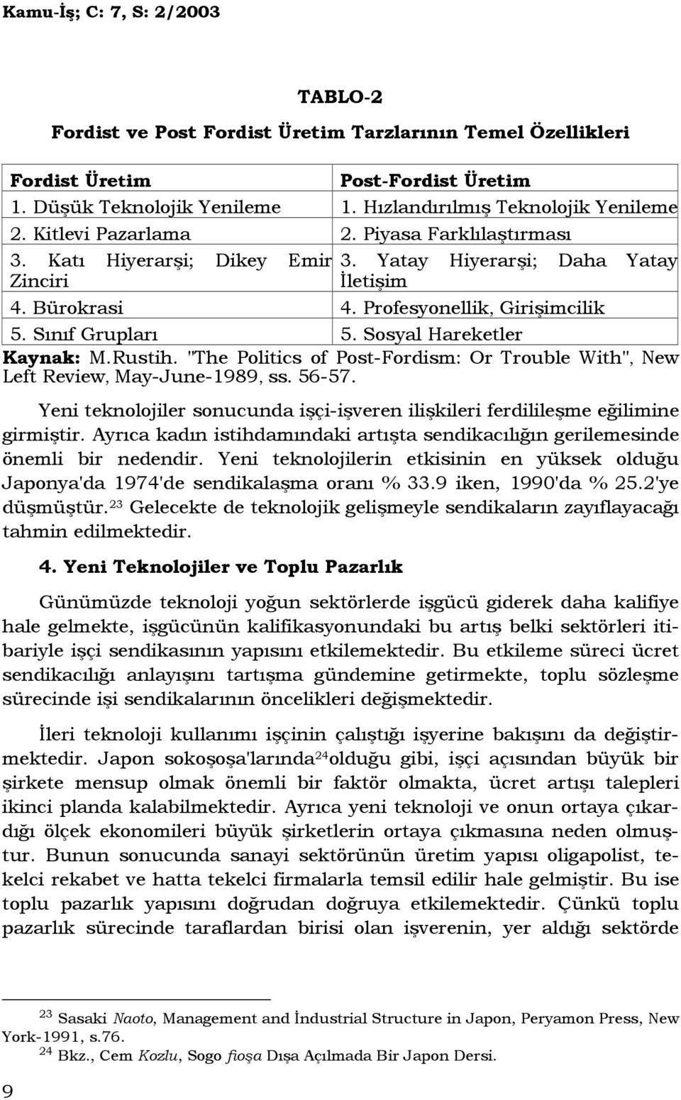 Rustih. "The Politics of Post-Fordism: Or Trouble With", New Left Review, May-June-1989, ss. 56-57. Yeni teknolojiler sonucunda işçi-işveren ilişkileri ferdilileşme eğilimine girmiştir.