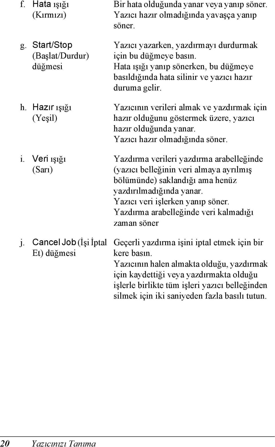 Yazıcının verileri almak ve yazdırmak için hazır olduğunu göstermek üzere, yazıcı hazır olduğunda yanar. Yazıcı hazır olmadığında söner.