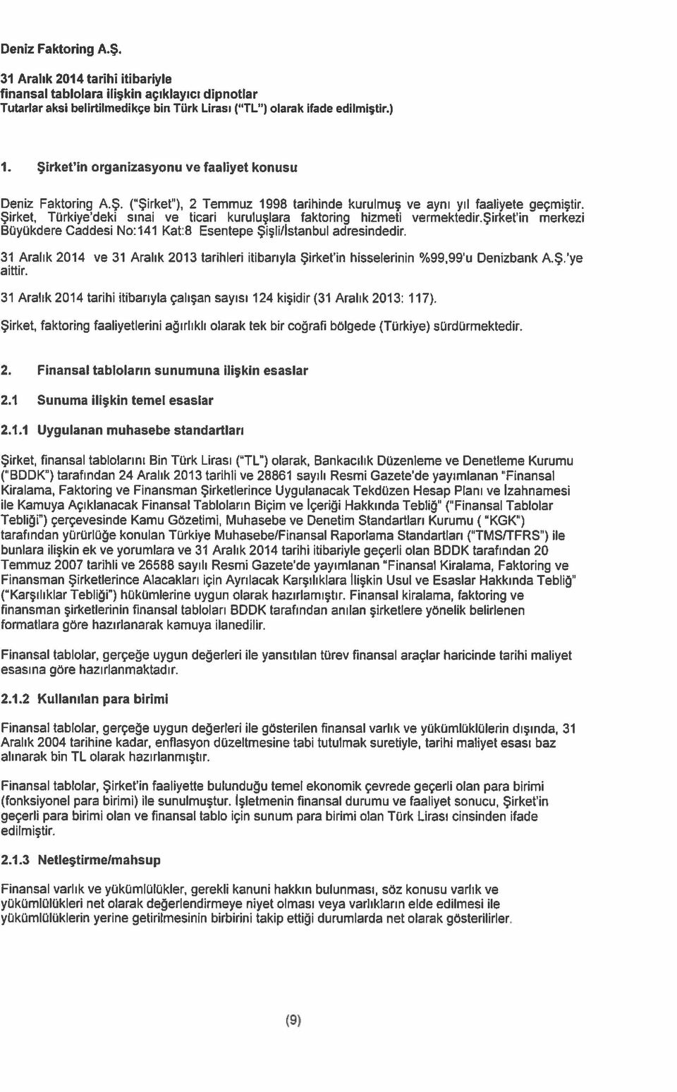 Esentepe Şişli/Istanbul adresindedir 31 Aralık 2014 ve 31 Aralık 2013 tarihleri itibarıyla Şirketin hisselerinin %99,99 u Denizbank AŞ ye aittir 31 Aralık 2014 tarihi itibarıyla çalışan sayısı 124