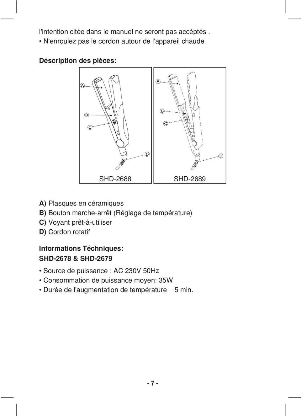 céramiques B) Bouton marche-arrêt (Réglage de température) C) Voyant prêt-à-utiliser D) Cordon rotatif