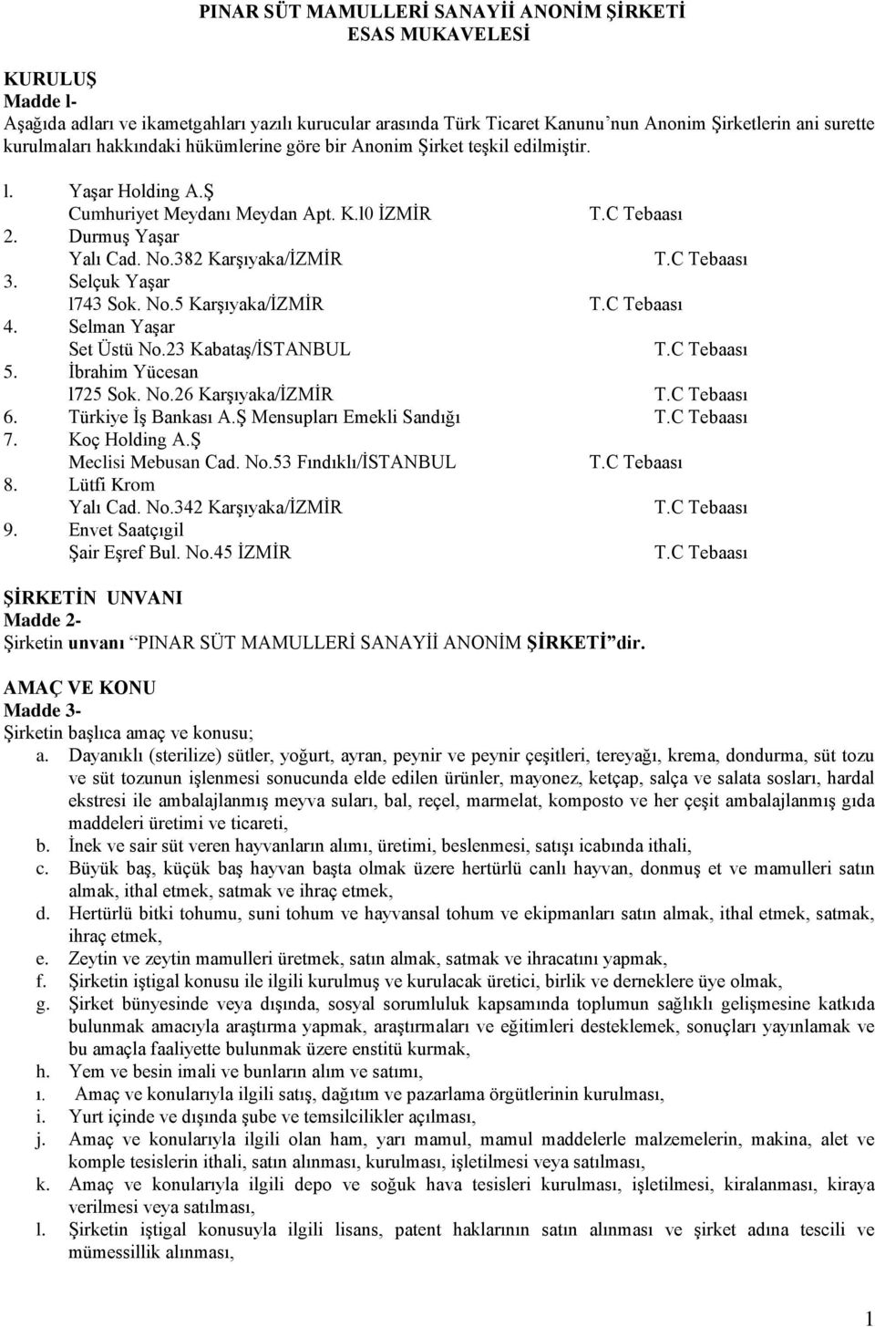 Selçuk Yaşar l743 Sok. No.5 Karşıyaka/İZMİR 4. Selman Yaşar Set Üstü No.23 Kabataş/İSTANBUL 5. İbrahim Yücesan l725 Sok. No.26 Karşıyaka/İZMİR 6. Türkiye İş Bankası A.Ş Mensupları Emekli Sandığı 7.