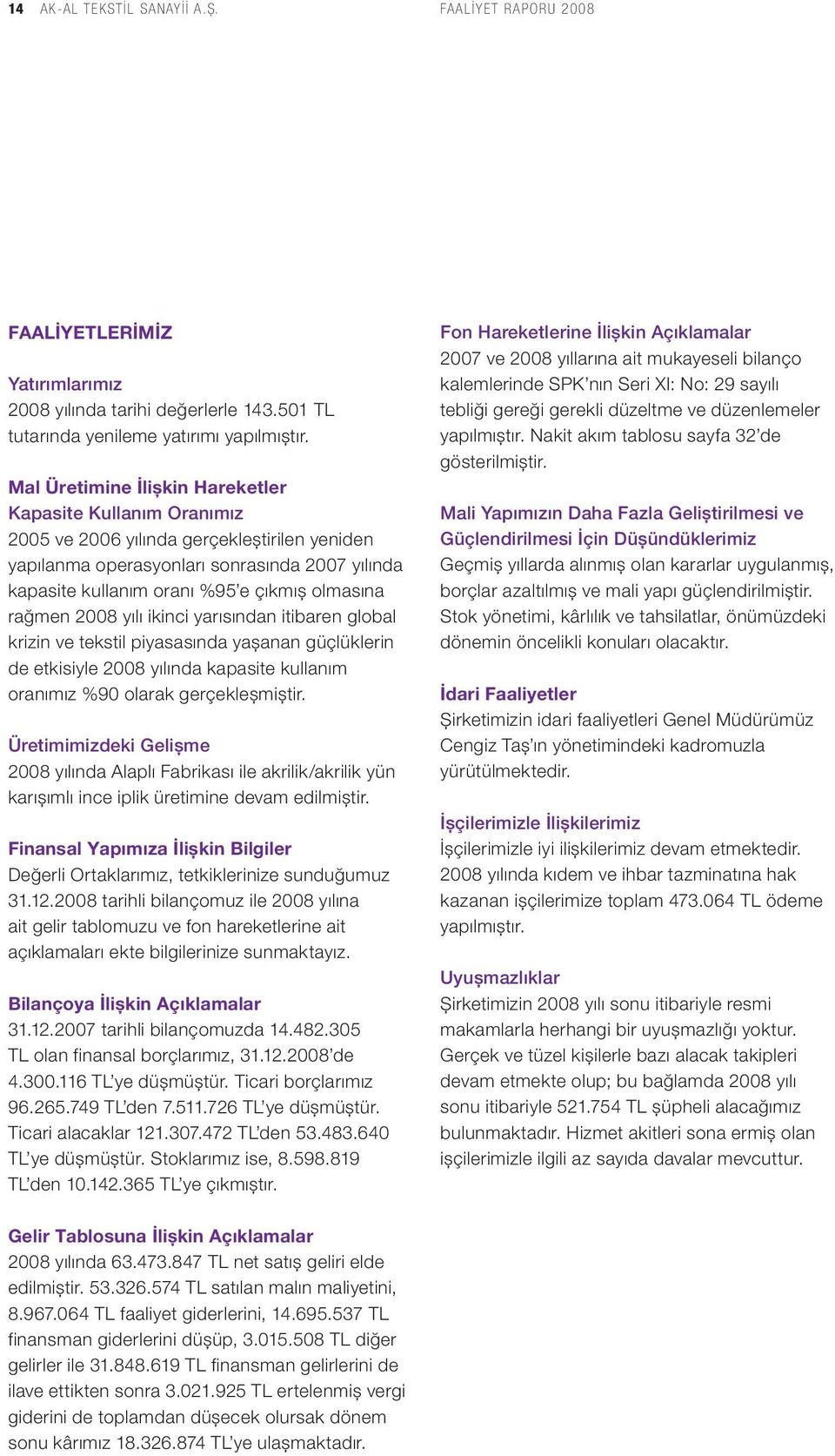 rağmen 2008 yılı ikinci yarısından itibaren global krizin ve tekstil piyasasında yaşanan güçlüklerin de etkisiyle 2008 yılında kapasite kullanım oranımız %90 olarak gerçekleşmiştir.