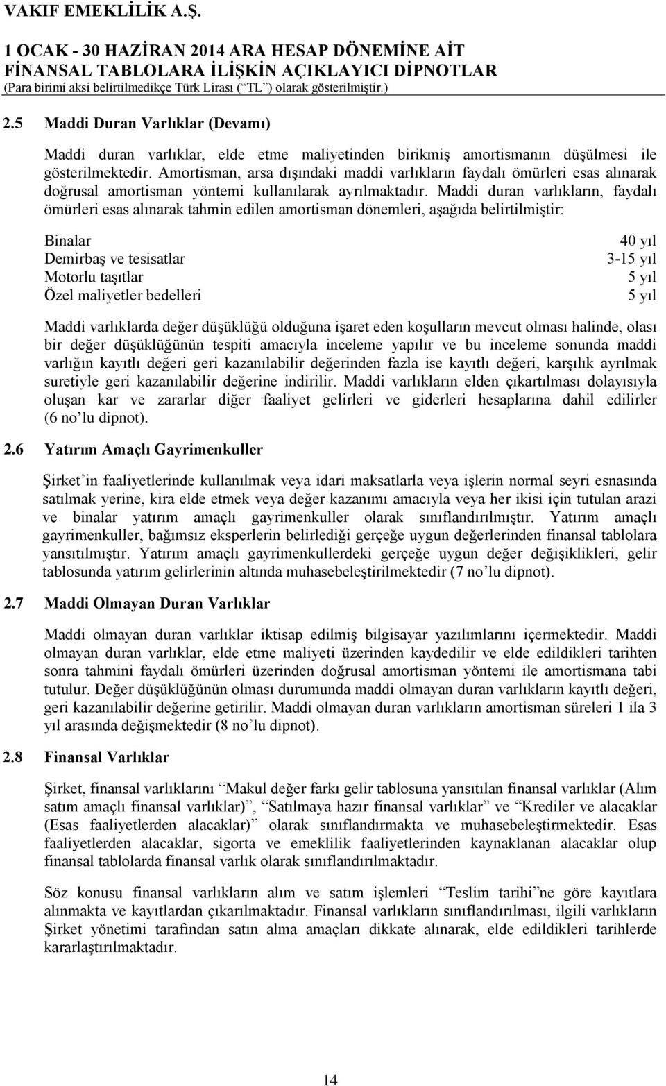 Maddi duran varlıkların, faydalı ömürleri esas alınarak tahmin edilen amortisman dönemleri, aşağıda belirtilmiştir: Binalar Demirbaş ve tesisatlar Motorlu taşıtlar Özel maliyetler bedelleri 40 yıl