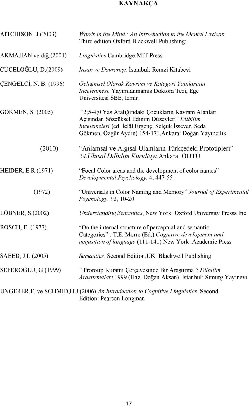 İstanbul: Remzi Kitabevi Gelişimsel Olarak Kavram ve Kategori Yapılarının İncelenmesi. Yayımlanmamış Doktora Tezi, Ege Üniversitesi SBE, İzmir.