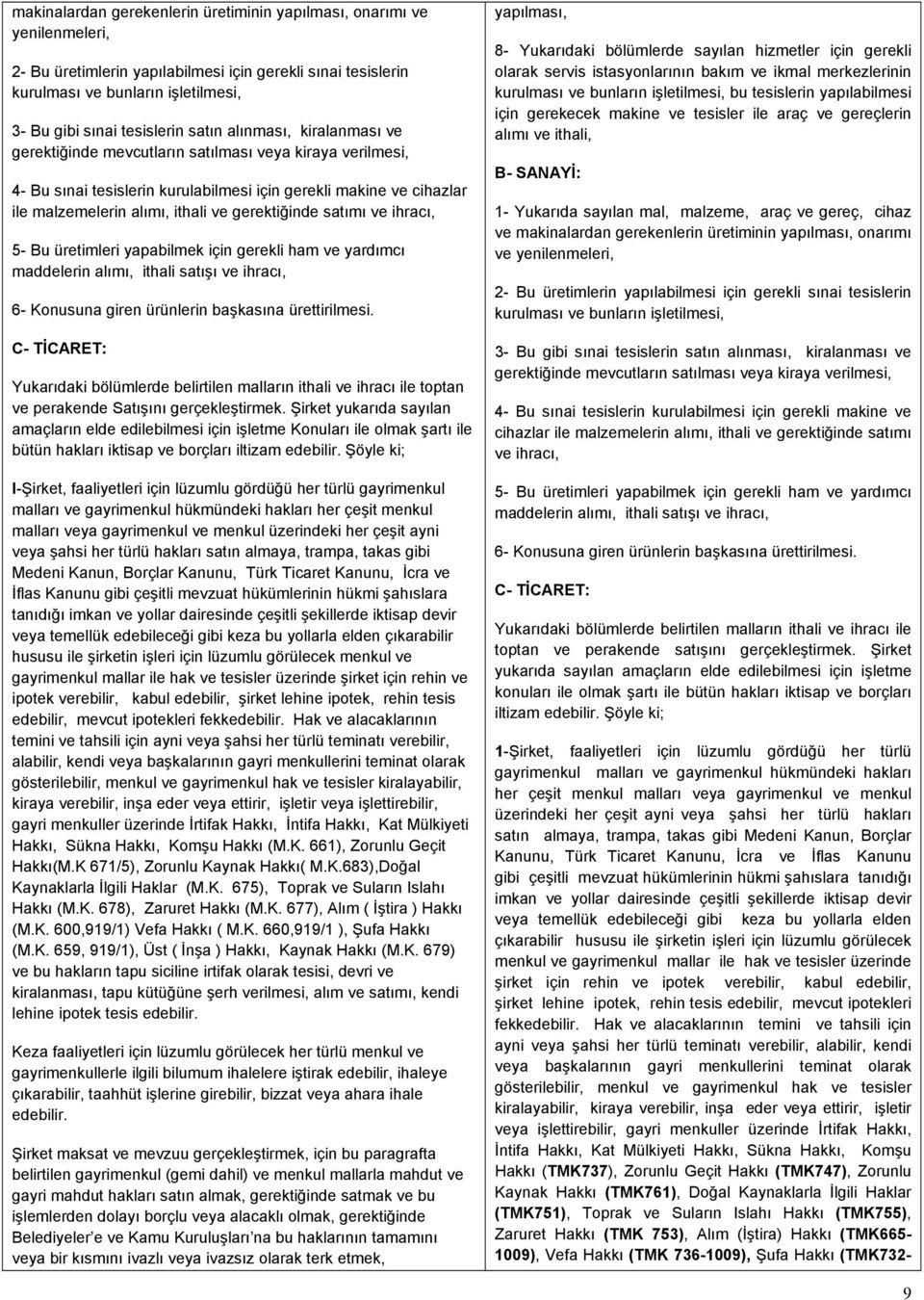 gerektiğinde satımı ve ihracı, 5- Bu üretimleri yapabilmek için gerekli ham ve yardımcı maddelerin alımı, ithali satışı ve ihracı, 6- Konusuna giren ürünlerin başkasına ürettirilmesi.