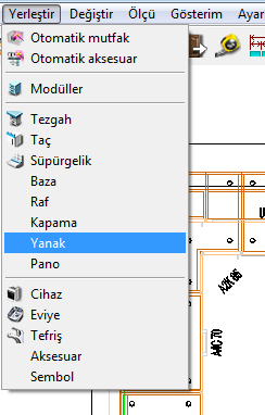 Çizim 2.25: Elektrikli cihazların yerleşimi (buzdolabı) Yerleştir menüsünden Yanak komutuna tıklanır.