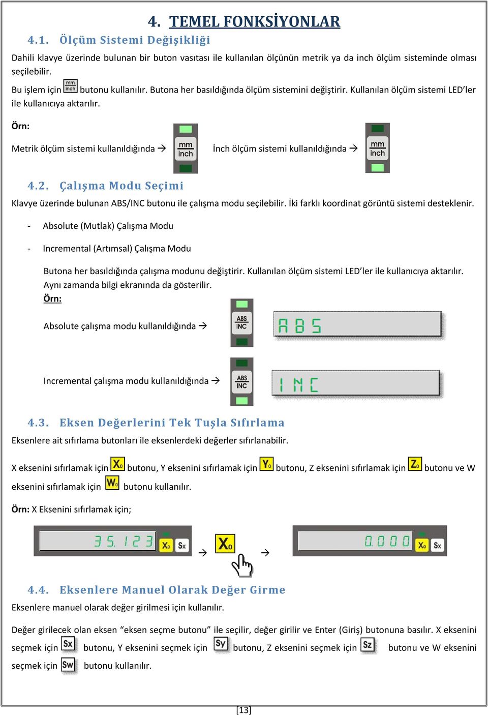 Örn: Metrik ölçüm sistemi kullanıldığında İnch ölçüm sistemi kullanıldığında 4.2. Çalışma Modu Seçimi Klavye üzerinde bulunan ABS/INC butonu ile çalışma modu seçilebilir.