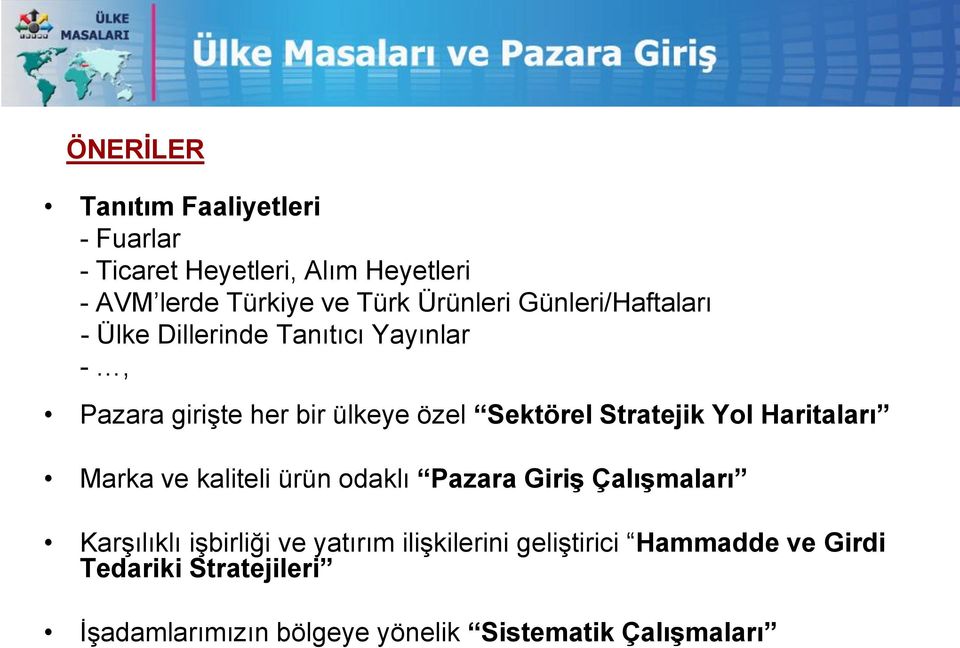 Stratejik Yol Haritaları Marka ve kaliteli ürün odaklı Pazara GiriĢ ÇalıĢmaları KarĢılıklı iģbirliği ve yatırım