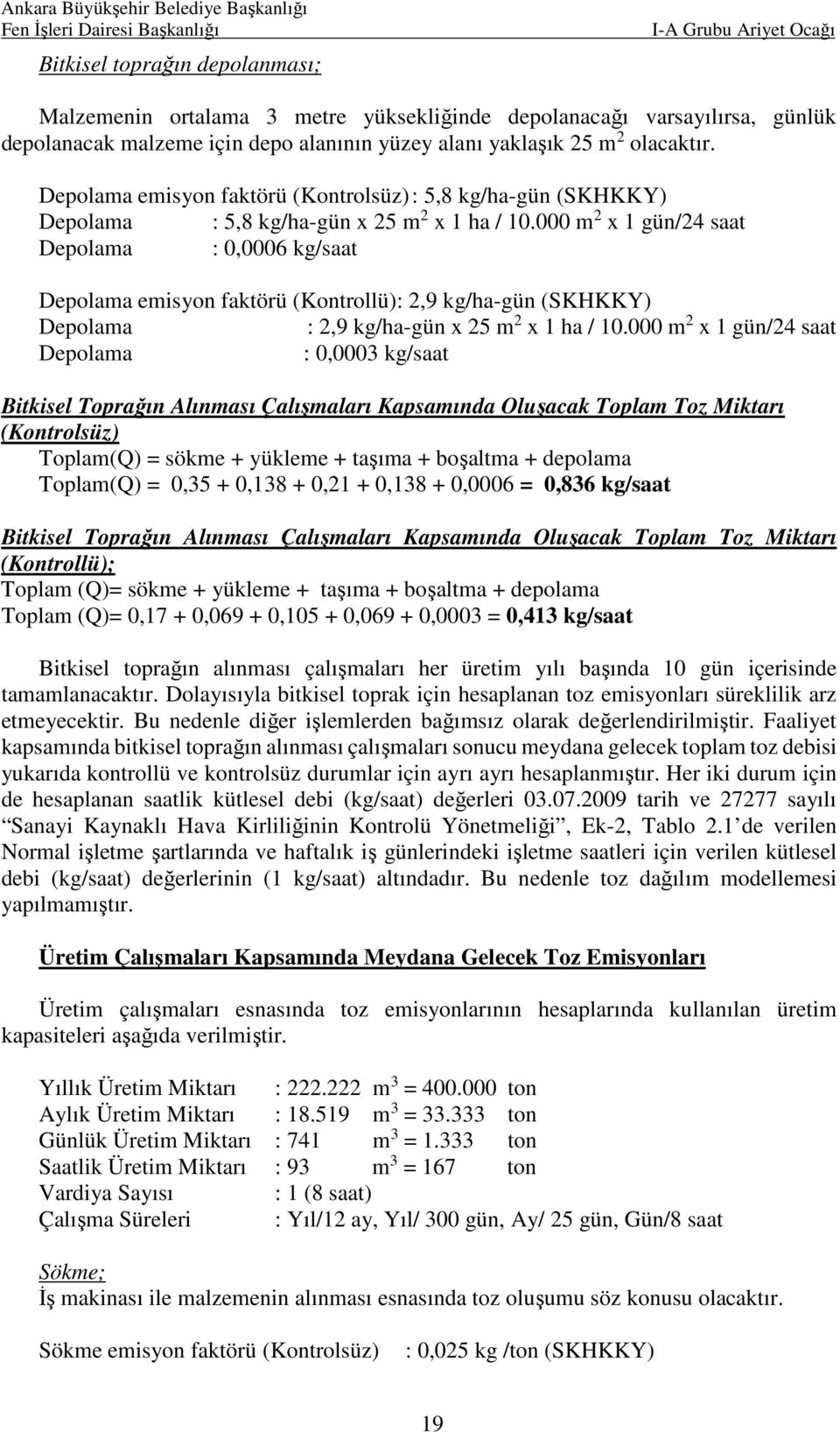 000 m 2 x 1 gün/24 saat Depolama : 0,0006 kg/saat Depolama emisyon faktörü (Kontrollü): 2,9 kg/ha-gün (SKHKKY) Depolama : 2,9 kg/ha-gün x 25 m 2 x 1 ha / 10.