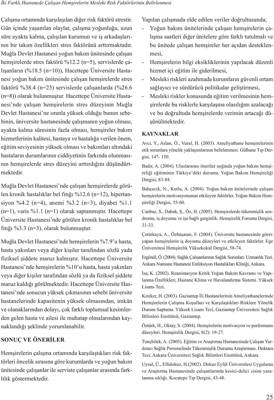 2 (n=5), servislerde çalışanların (%18.5 (n=10)), Hacettepe Üniversite Hastanesi yoğun bakım ünitesinde çalışan hemşirelerde stres faktörü %38.4 (n=23) servislerde çalışanlarda (%26.