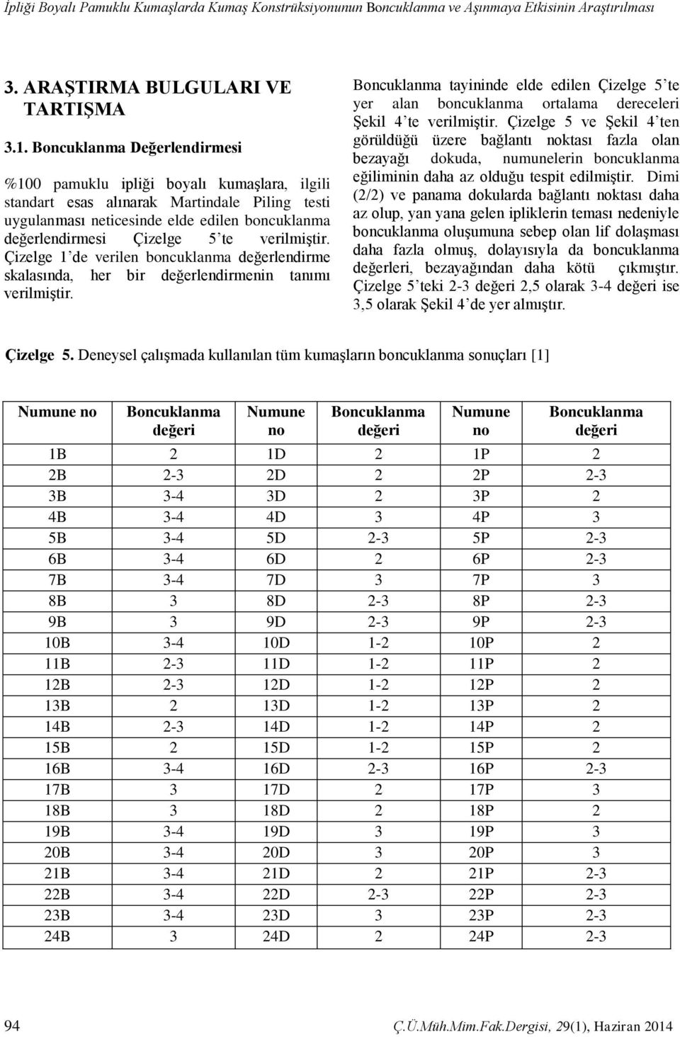 verilmiştir. Çizelge 1 de verilen boncuklanma değerlendirme skalasında, her bir değerlendirmenin tanımı verilmiştir.