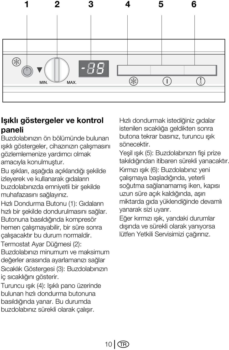 Hızlı Dondurma Butonu (1): Gıdaların hızlı bir şekilde dondurulmasını sağlar. Butonuna basıldığında kompresör hemen çalışmayabilir, bir süre sonra çalışacaktır bu durum normaldir.