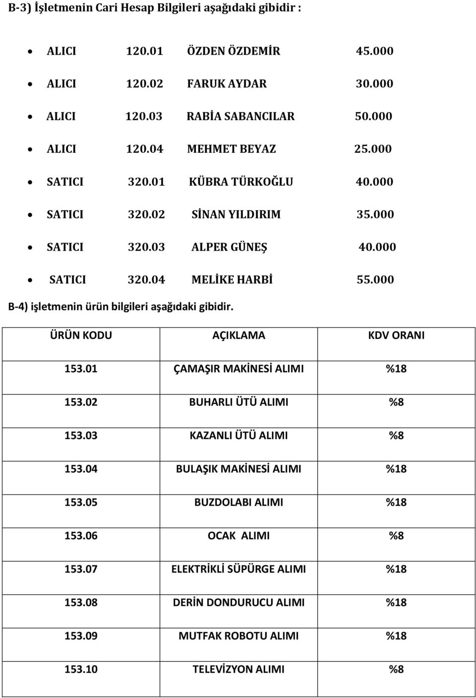 000 B-4) işletmenin ürün bilgileri aşağıdaki gibidir. ÜRÜN KODU AÇIKLAMA KDV ORANI 153.01 ÇAMAŞIR MAKİNESİ ALIMI %18 153.02 BUHARLI ÜTÜ ALIMI %8 153.03 KAZANLI ÜTÜ ALIMI %8 153.