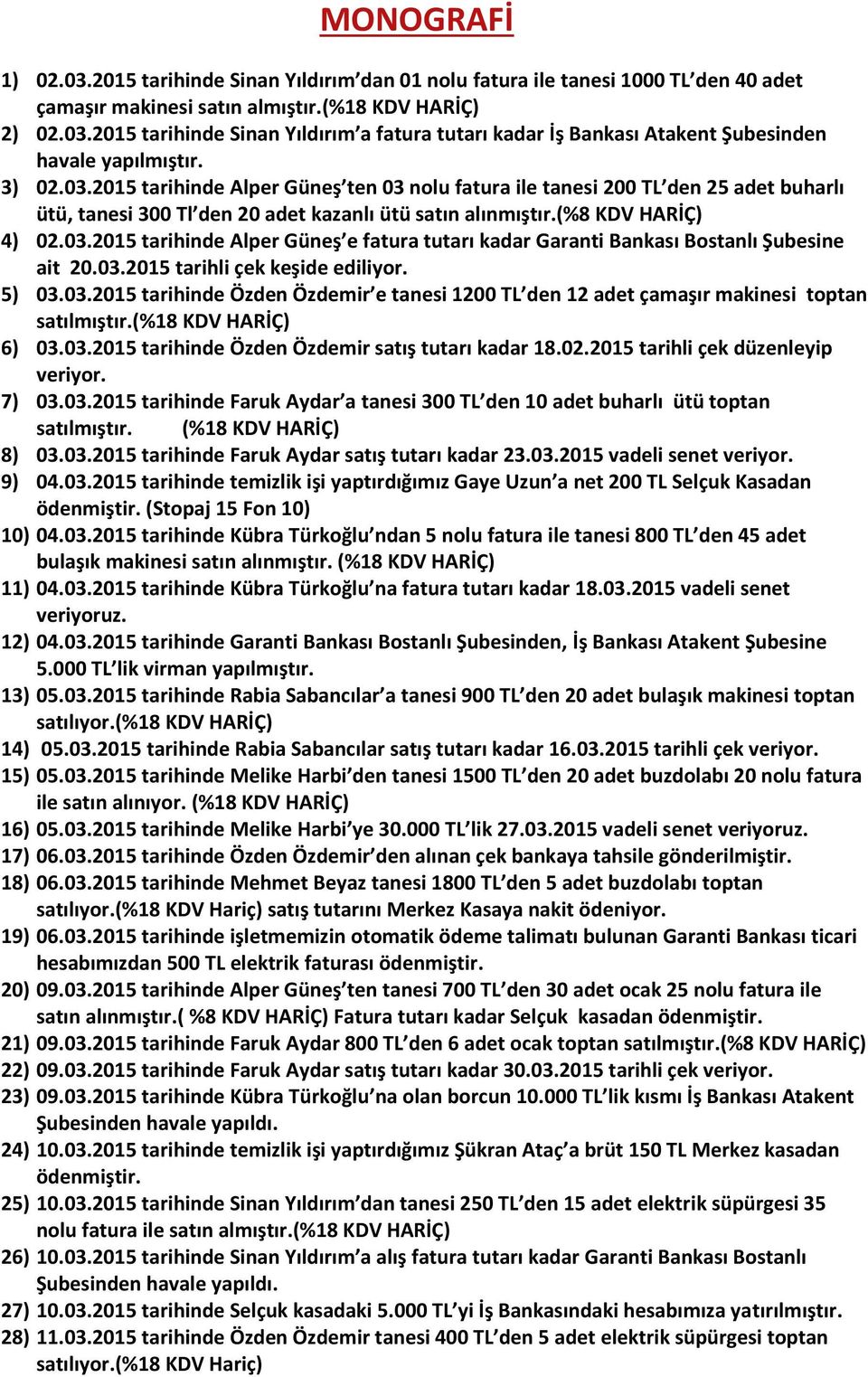 03.2015 tarihli çek keşide ediliyor. 5) 03.03.2015 tarihinde Özden Özdemir e tanesi 1200 TL den 12 adet çamaşır makinesi toptan satılmıştır.(%18 KDV HARİÇ) 6) 03.03.2015 tarihinde Özden Özdemir satış tutarı kadar 18.