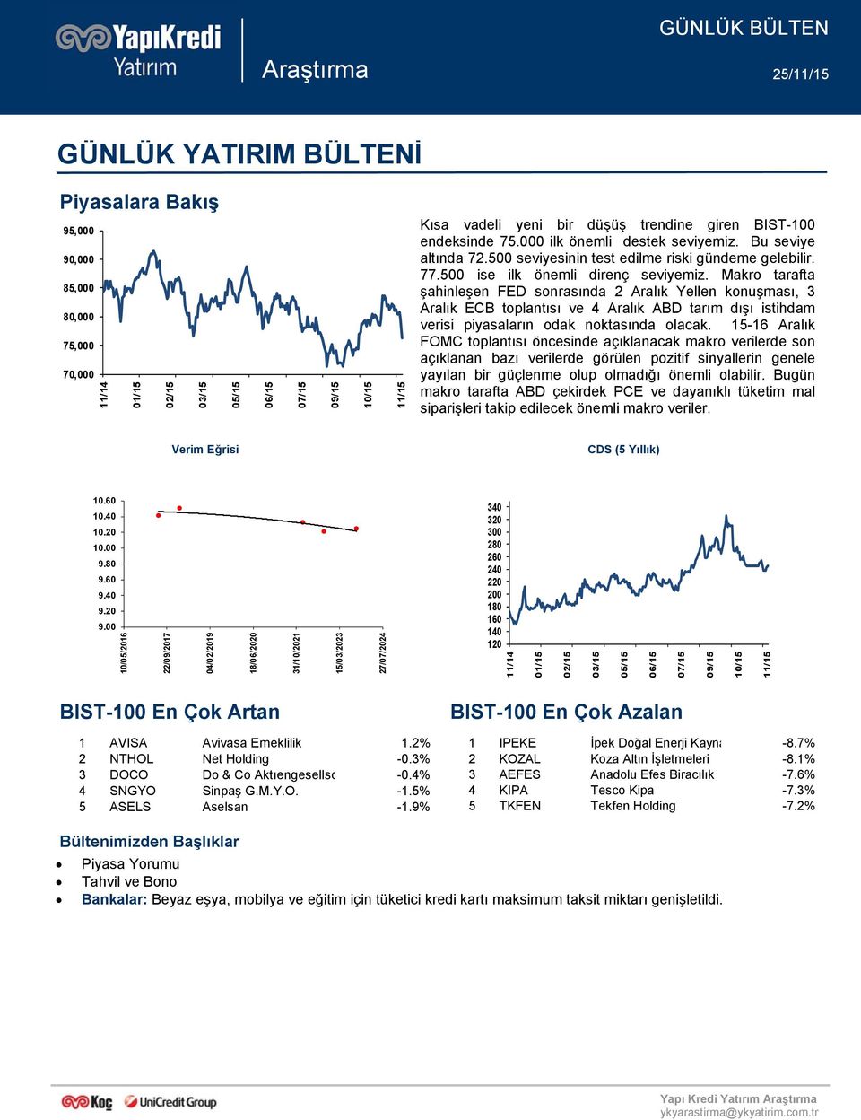 Makro tarafta şahinleşen FED sonrasında 2 Aralık Yellen konuşması, 3 Aralık ECB toplantısı ve 4 Aralık ABD tarım dışı istihdam verisi piyasaların odak noktasında olacak.