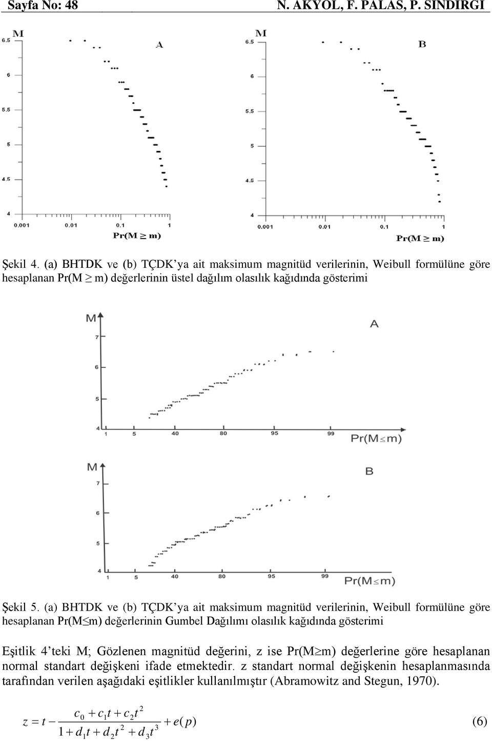 (a) BHTDK ve (b) TÇDK ya ait maksimum magnitüd verilerinin, Weibull formülüne göre hesaplanan Pr(M m) değerlerinin Gumbel Dağılımı olasılık kağıdında gösterimi Eşitlik 4 teki