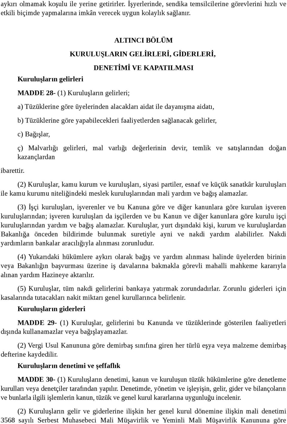 MADDE 28- (1) Kuruluşların gelirleri; a) Tüzüklerine göre üyelerinden alacakları aidat ile dayanışma aidatı, b) Tüzüklerine göre yapabilecekleri faaliyetlerden sağlanacak gelirler, c) Bağışlar, ç)