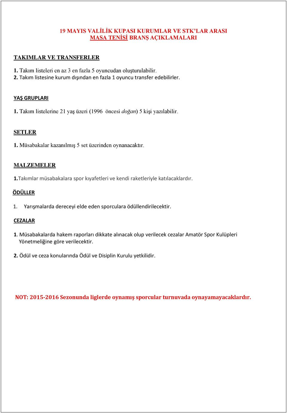 Müsabakalar kazanılmış 5 set üzerinden oynanacaktır. MALZEMELER 1.Takımlar müsabakalara spor kıyafetleri ve kendi raketleriyle katılacaklardır. 1. Yarışmalarda dereceyi elde eden sporculara ödüllendirilecektir.