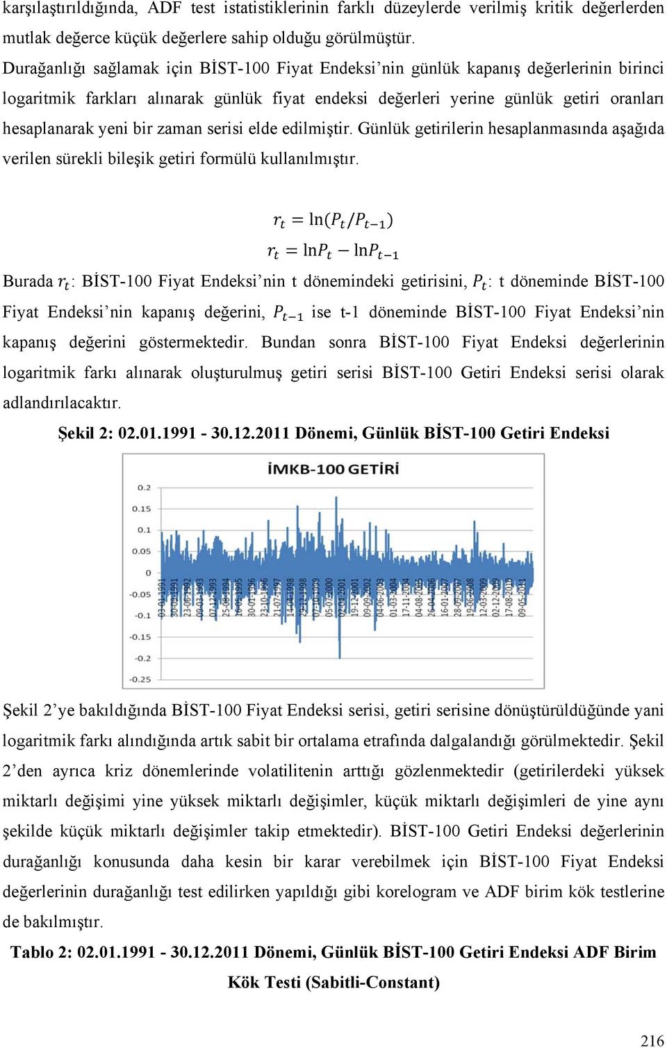 bir zaman serisi elde edilmiştir. Günlük getirilerin hesaplanmasında aşağıda verilen sürekli bileşik getiri formülü kullanılmıştır.