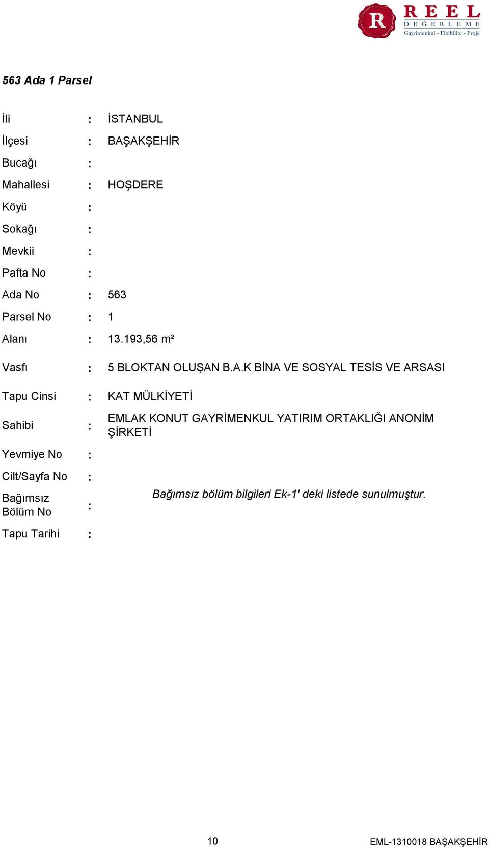 193,56 m² Vasfı Tapu Cinsi Sahibi Yevmiye No Cilt/Sayfa No Bağımsız Bölüm No Tapu Tarihi 5 BLOKTAN OLUŞAN B.