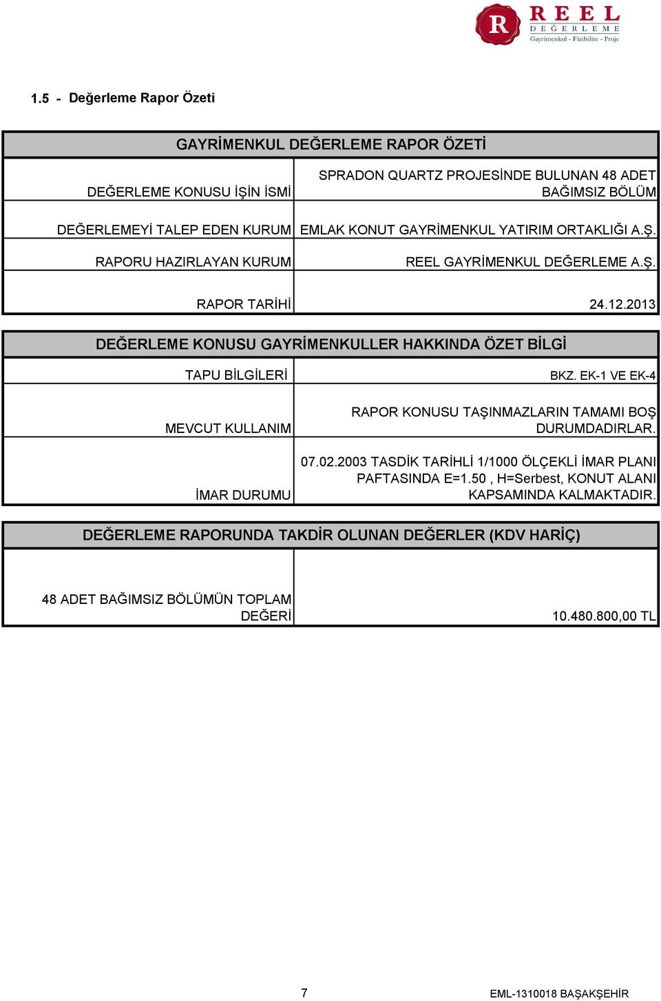 2013 DEĞERLEME KONUSU GAYRİMENKULLER HAKKINDA ÖZET BİLGİ TAPU BİLGİLERİ MEVCUT KULLANIM İMAR DURUMU BKZ. EK-1 VE EK-4 RAPOR KONUSU TAŞINMAZLARIN TAMAMI BOŞ DURUMDADIRLAR. 07.02.