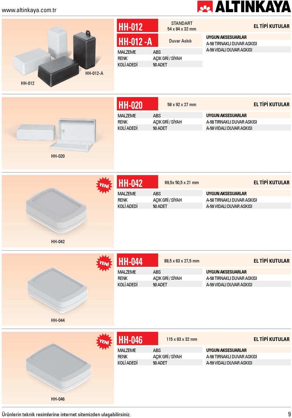 TİPİ KUTULAR 50 ADET A-58 TIRNAKLI DUVAR ASKISI A-59 VIDALI DUVAR ASKISI HH-042 HH-044 88,5 x 63 x 27,5 mm EL TİPİ KUTULAR 50 ADET A-58 TIRNAKLI