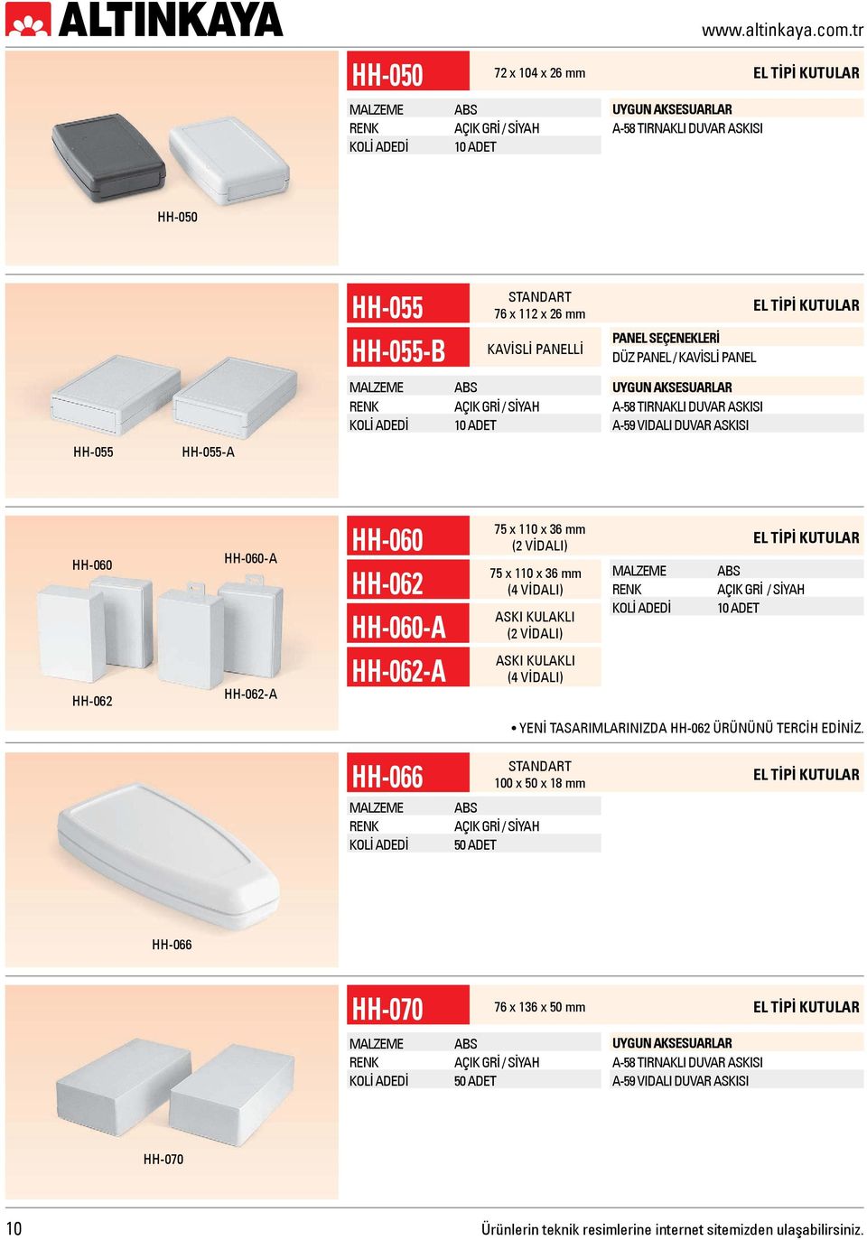 110 x 36 mm (2 VİDALI) 75 x 110 x 36 mm (4 VİDALI) ASKI KULAKLI TEK VİDALİ (2 VİDALI) ASKI KULAKLI (4 VİDALI) EL TİPİ KUTULAR 10 ADET YENİ TASARIMLARINIZDA HH-062 ÜRÜNÜNÜ