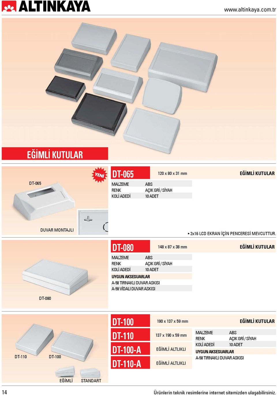 DT-080 148 x 87 x 38 mm EĞİMLİ KUTULAR 10 ADET A-58 TIRNAKLI DUVAR ASKISI A-59 VİDALI DUVAR ASKISI