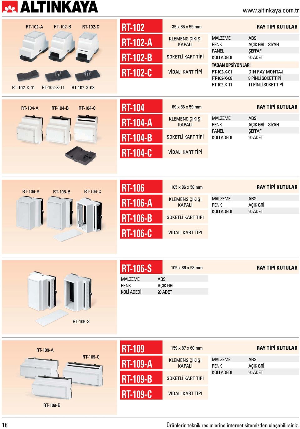 RT-104-A RT-104-B RT-104-C KLEMENS ÇIKIŞI KAPALI SOKETLİ KART TİPİ VİDALI KART TİPİ PANEL AÇIK GRİ - SİYAH ŞEFFAF RT-106-A RT-106-B RT-106-C RT-106 105 x 86 x 58 mm RAY TİPİ KUTULAR RT-106-A RT-106-B